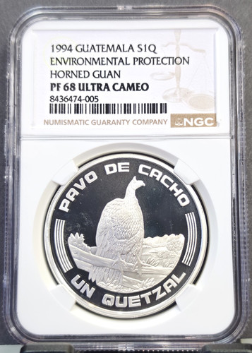 1994 GUATEMALA SILVER 1 QUETZAL HORNED GUAN NGC PF 68 ULTRA CAMEO RARE GEM PROOF