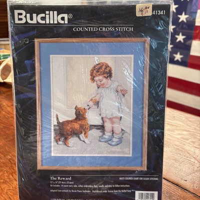 NEW Vtg Bucilla Bessie Pease Gutmann ''The Reward'' Girl Puppy Cross Stitch Kit