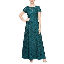 NWT Alex Evenings Long Dress sz 14 Rosette Mother of The Bride Short Sleeves