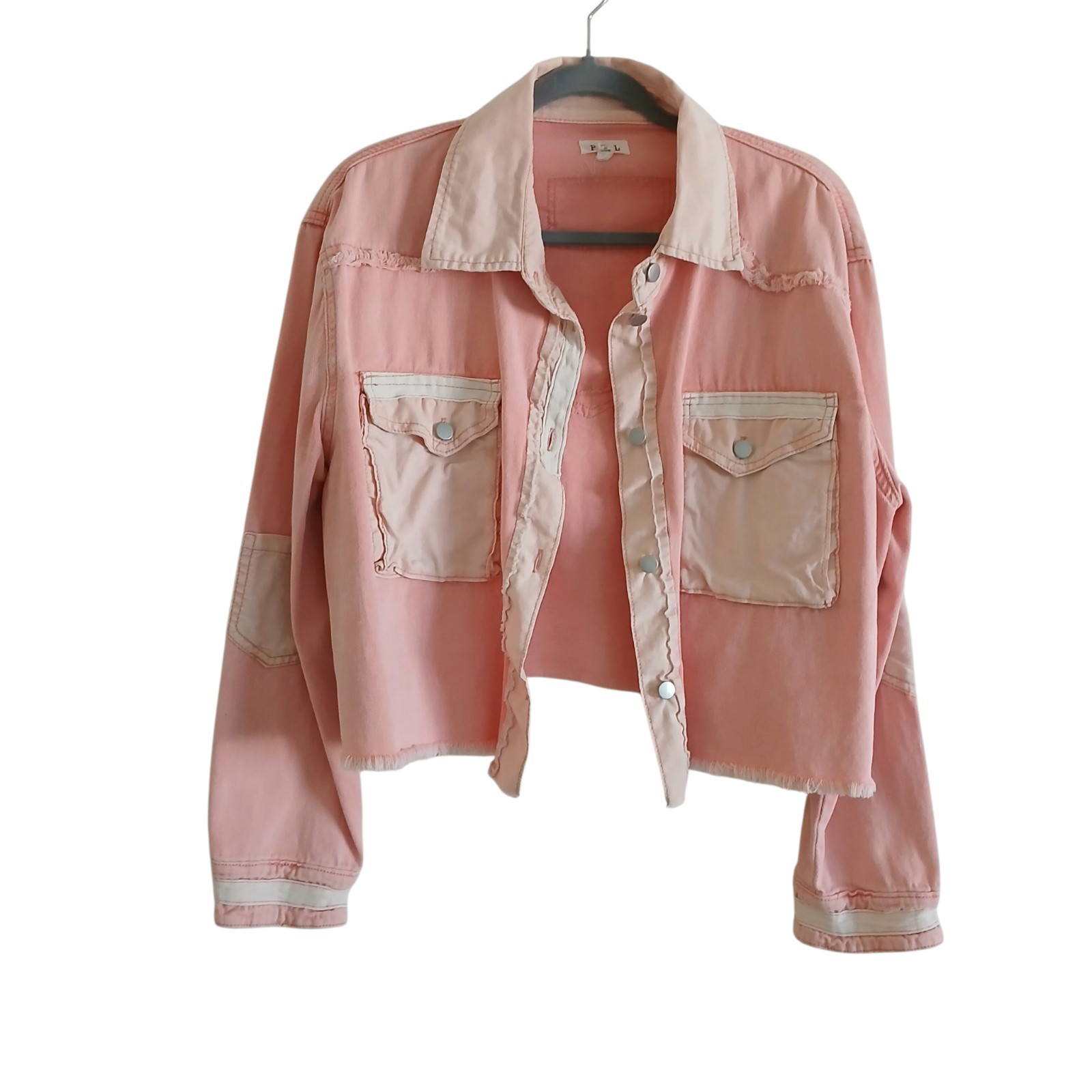 POL Pretty In Pink 100% Cotton Cropped Trucker Jacket Women’s L Boxy Oversized
