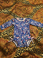 Ruffle Butts Girls Long Sleeve Ruffle One-Piece Swimsuit Blue Floral 12-18M