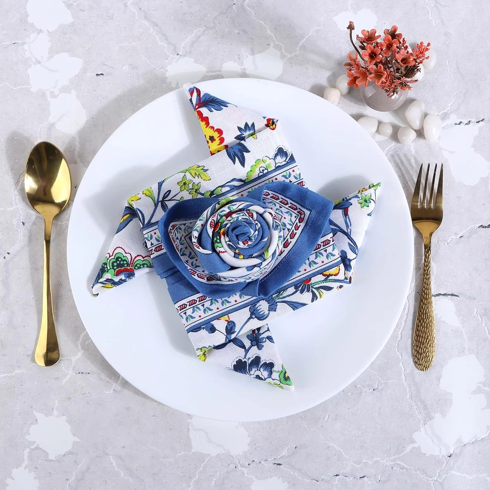 Set of 12 Blue Floral Cotton Linen Blend Cloth Napkins 20X20 - Image 4 of 4