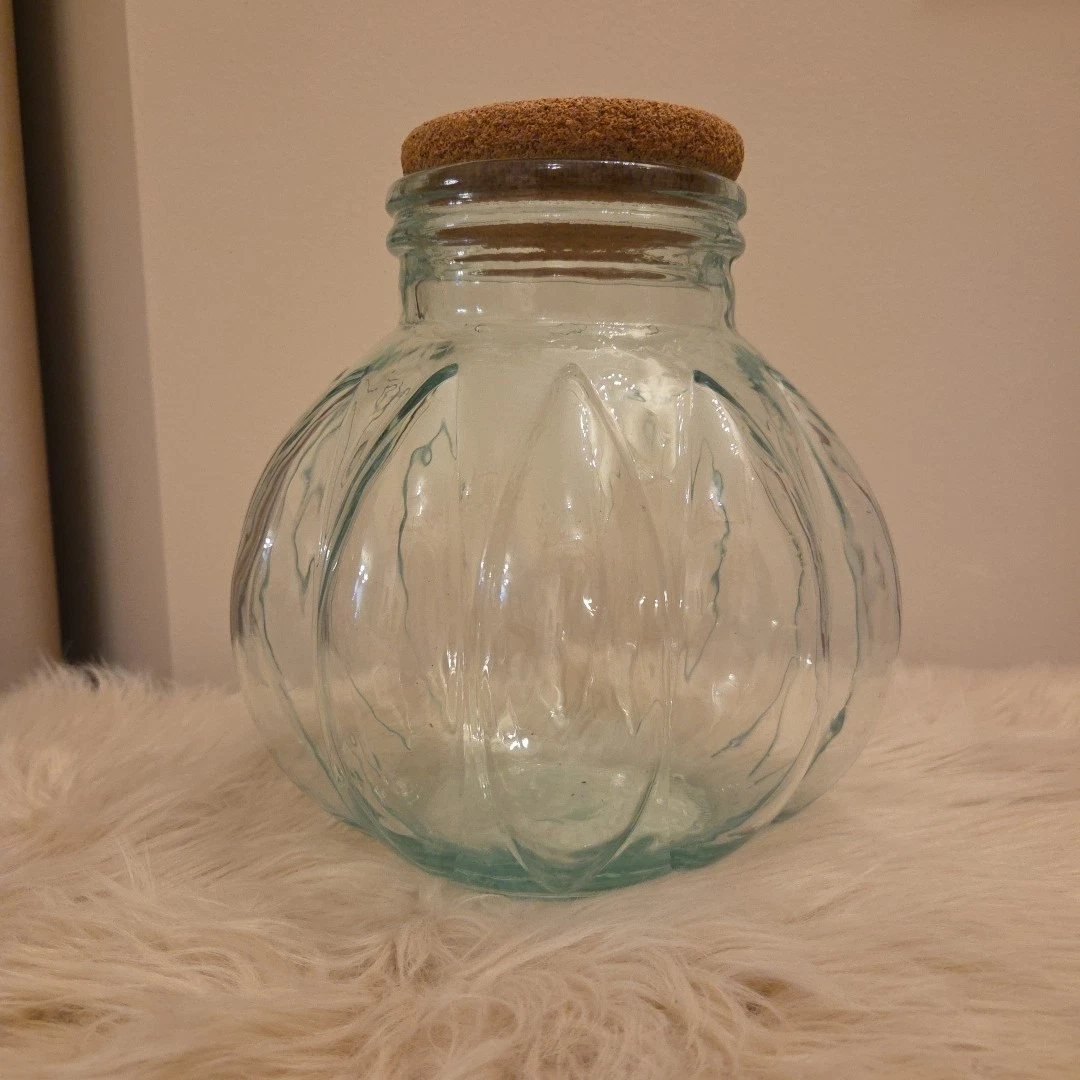 Vintage Glass Pumpkin Jar Cork Lid Ribbed Storage Fall Decor Kitchen Canister