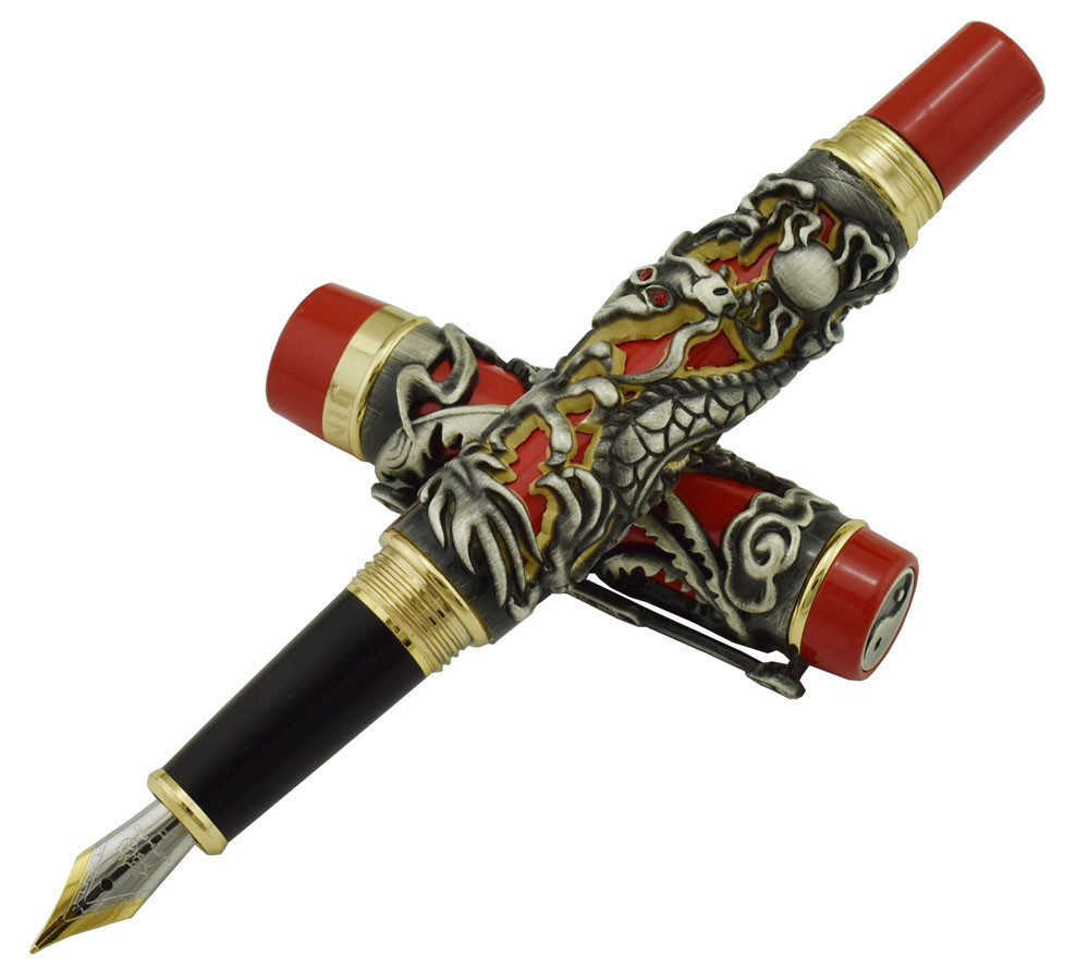 Jinhao Dragon Phoenix Vintage Fountain Pen, Luxurious Carving Pen, Gray  Red