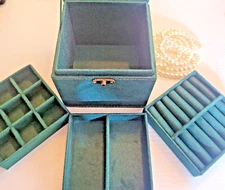 Vintage-Look Jewelry Box with 3 Organizing Trays, Sturdy Handle/Latch, 5" Square