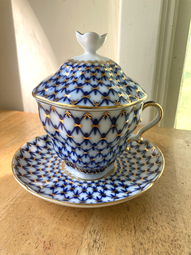 Imperial Lomonosov Porcelain 22K Gold Cobalt Net Cup with Lid and Saucer