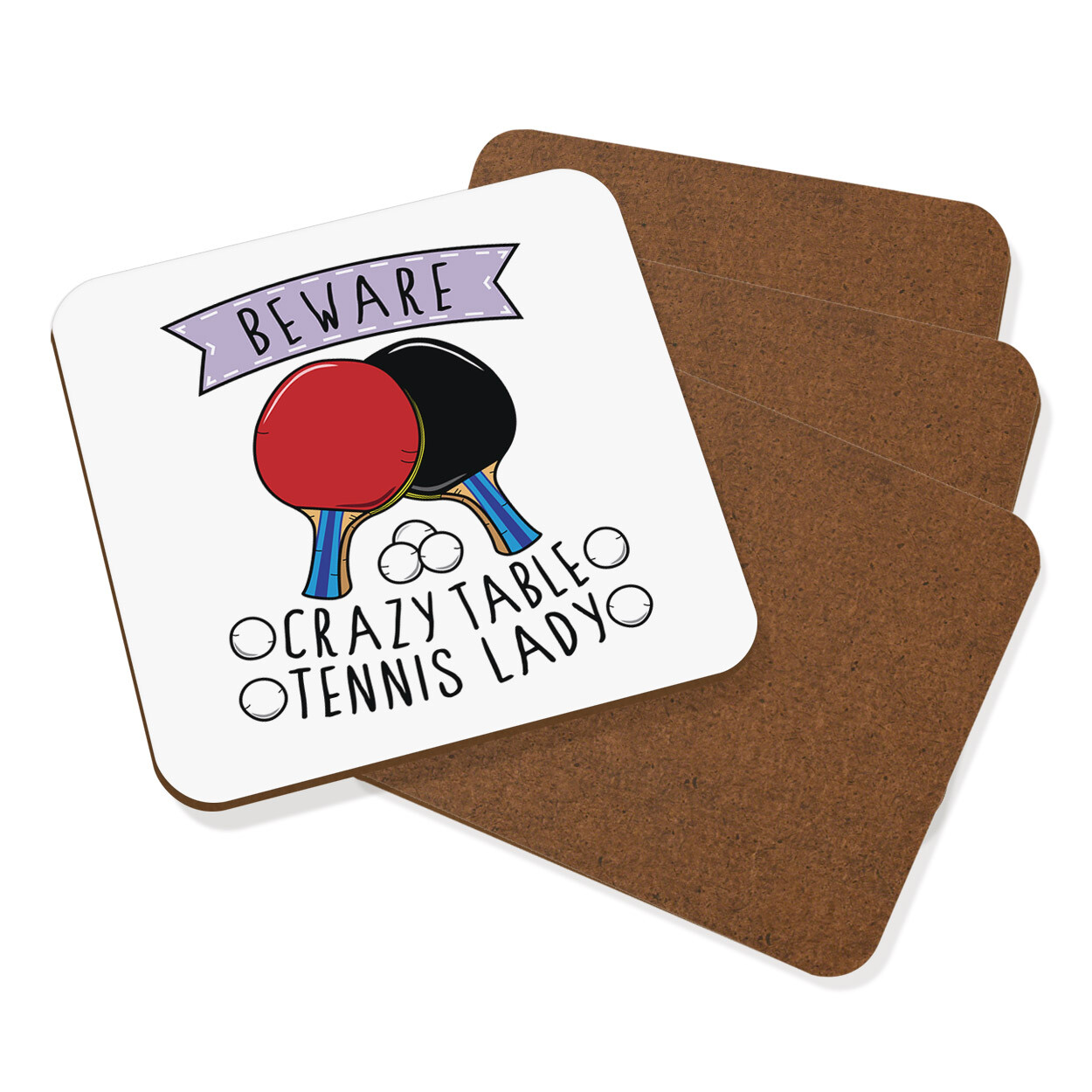 Beware Crazy Table Tennis Lady Coaster Drinks Mat Set Of 4 Ping Pong Sport Funny