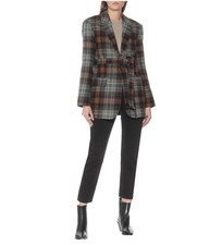 Co Checked Wool Flannel Belted Blazer Sz S Green Brown Plaid Pockets
