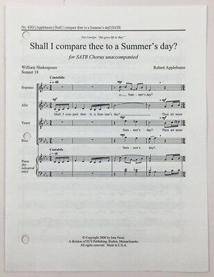 Shall I Compare Thee To A Summers Day SATB Choral Sheet Music Robert Applebaum