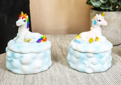 Pastel Colors Rainbow Mane Gold Horn Unicorns On Clouds Jewelry Box Figurine Set