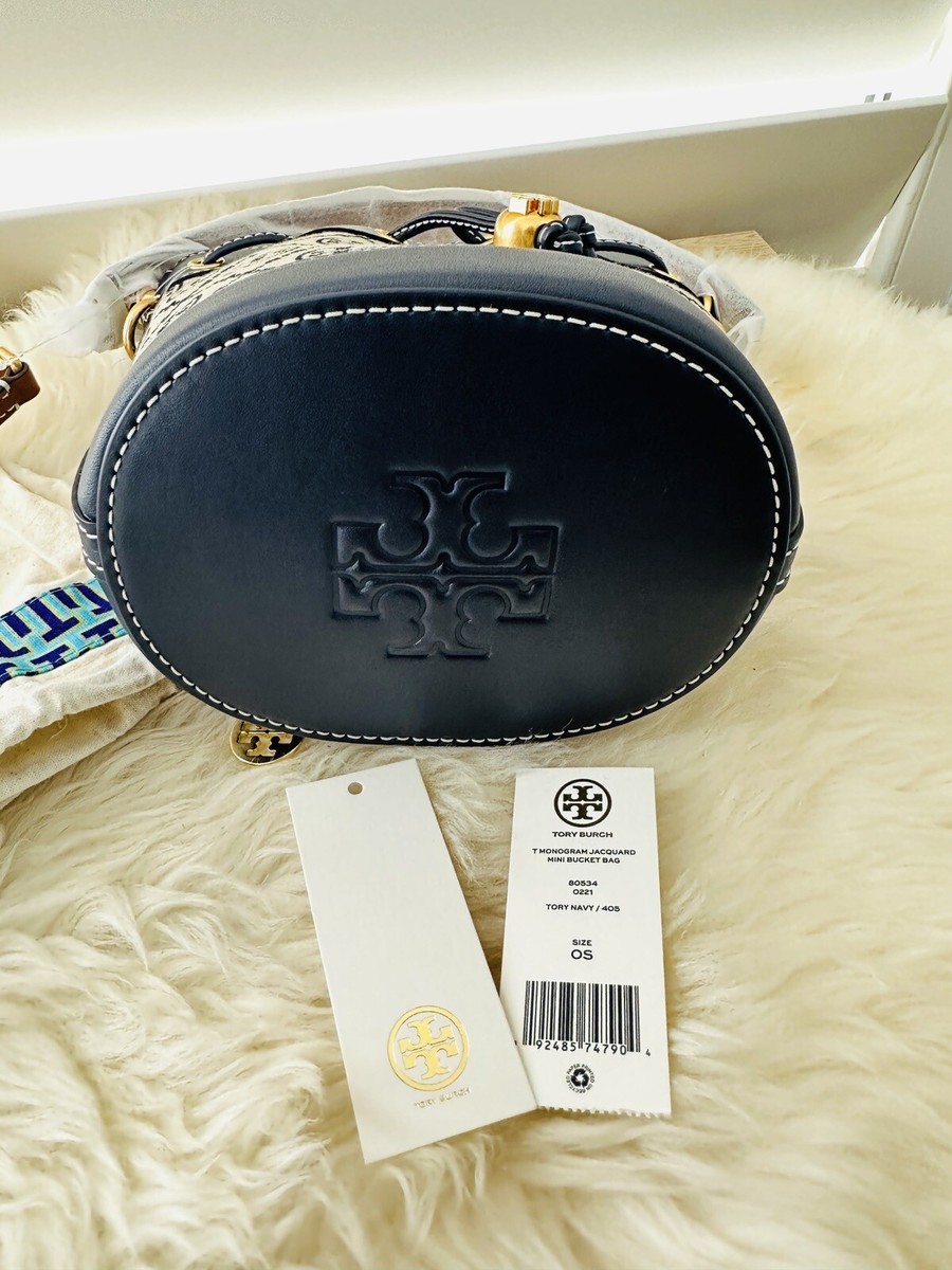 NWT Tory Burch Classic Navy T Monogram Jacquard MINI Bucket