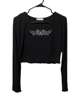 Romwe Black Y2K Butterfly Long Sleeve Crop Top Woman’s Size Large