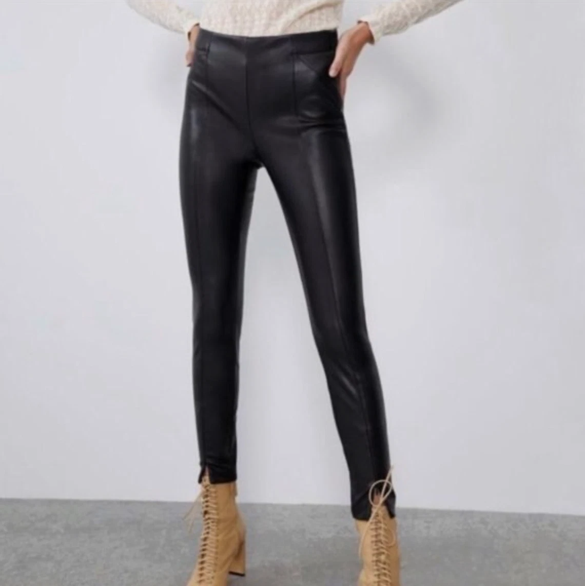 ZARA Black Faux Leather Leggings Front Ankle Zip Skinny Pants