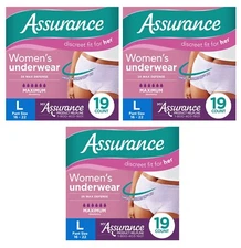 57 Count (3x 19) Assurance Women's Incontinence Underwear Max Absorbency Size L
