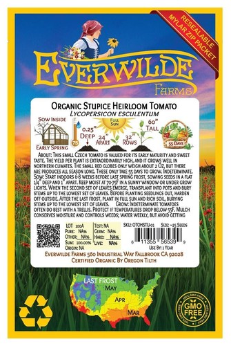 25 Organic Stupice Heirloom Tomato Seeds - Everwilde Farms Mylar Seed Packet - Picture 2 of 3