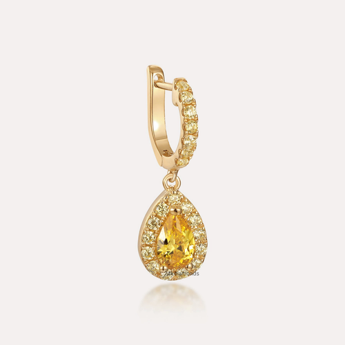Yellow Pear And Round Lab Grown Diamond Drop Huggie Hoop Earrings 14K Solid Gold - Picture 5 of 8