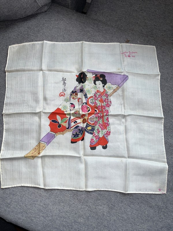 Vintage ASIAN LADIES DESIGN HANDKERCHIEF WW2 Era