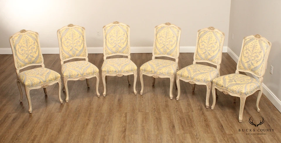 French Louis XV Style Set of Six Distress Painted Dining Chairs - Image 2 of 4