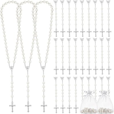 100PC X Wholesale Bulk White Faux Pearl Rosaries Wedding, Religious Favor/Bap