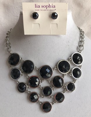 Lia Sophia Keku & Sky Earrings Silver Tone Dark Blue Black Accents Statement Set