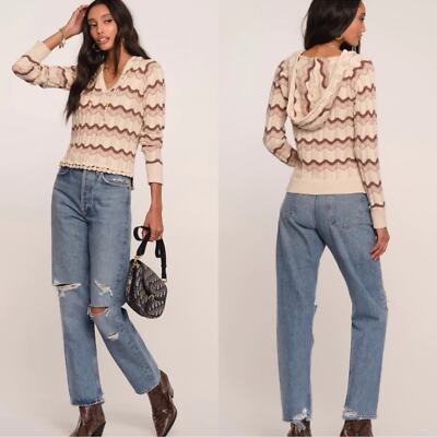 New Heartloom Elias Chevron Print Knit Sweater Hoodie Size Medium Crochet Beachy