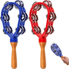 2 Pack 12" Tambourine for Adults, Double Row Metal Jingles Hand Held blue,red