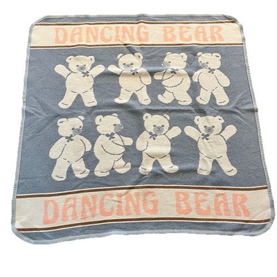 Vtg Dancing Bear Pink White Blue Woven Blanket Shavel Associates Made In Spain