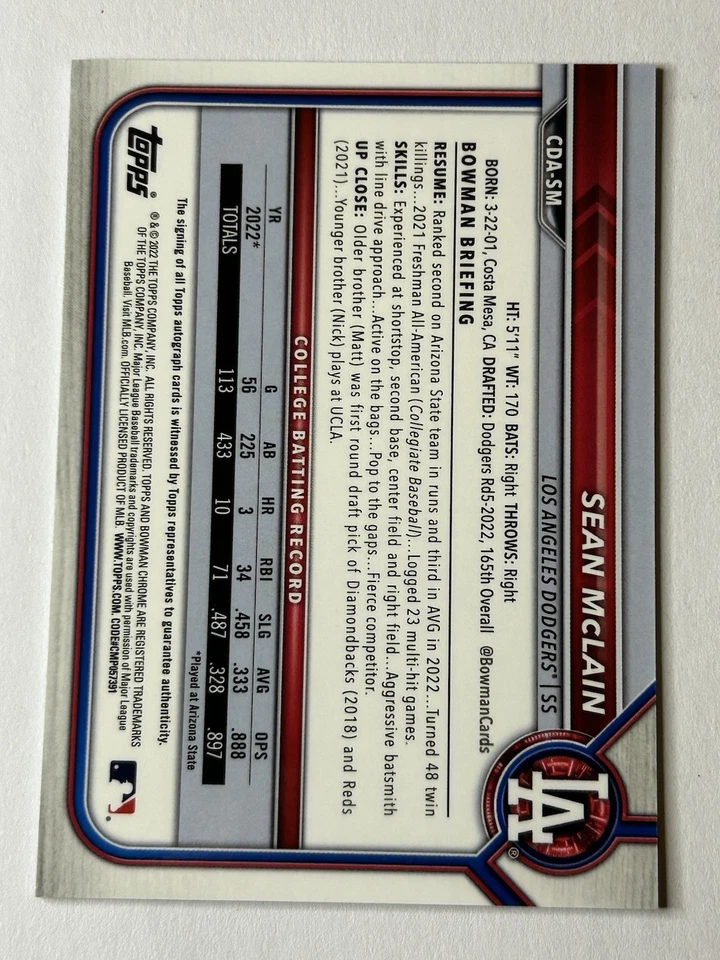 2022 Bowman Draft Sean McLain Chrome Auto 1st #CDA-SM Dodgers - Image 2 of 2