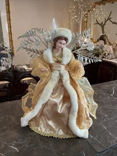 Christmas Angel Tree Topper White Gold And Ivory Lace Embroidered 13” Tall