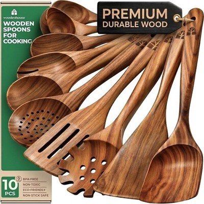 10 PCS Teak Wooden Spoons Cooking Utensil Set Nonstick Heat Resistant Handle