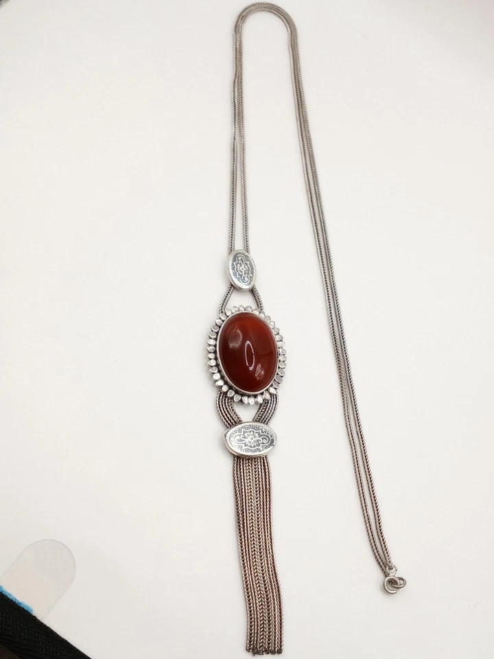 Collana Antica Vintage Argento 800 Corniola Art decò Ottomano Dettagli Niello  - Immagine 2 di 4