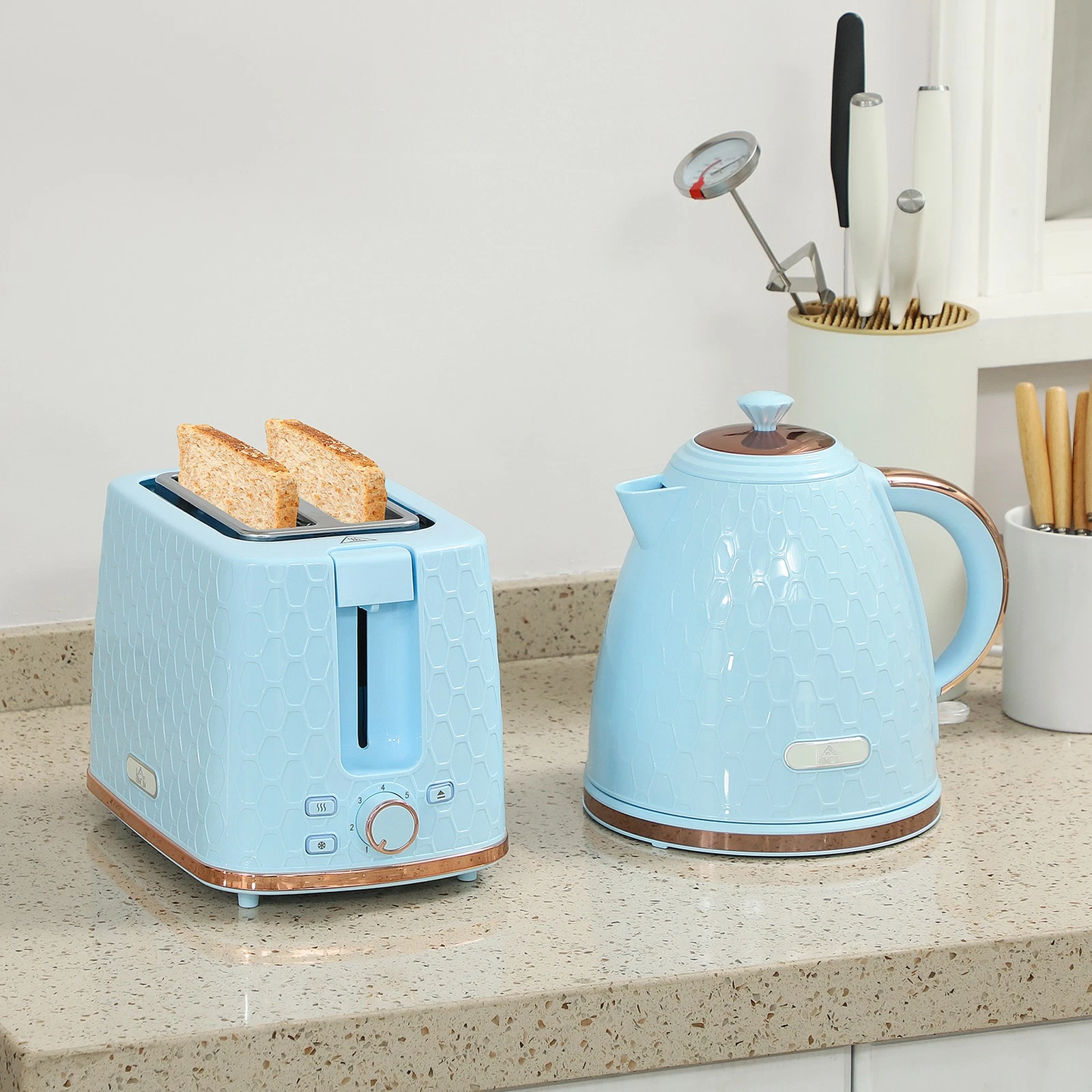 1.7L 3000W Fast Boil Kettle and 930W 2 Slice Toaster Set, Light Blue