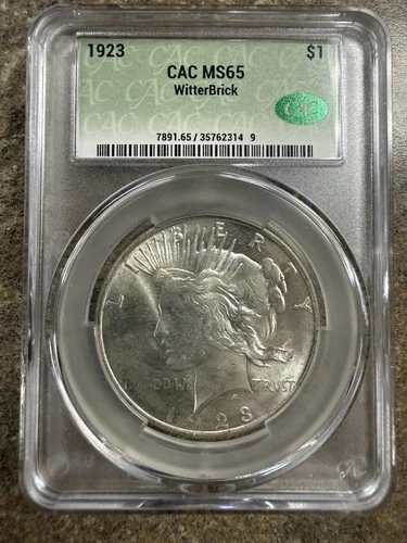 1923 PEACE DOLLAR CAC GRADED MS65  CACG WITTERBRICK SETH CHANLDER LUSTROUS