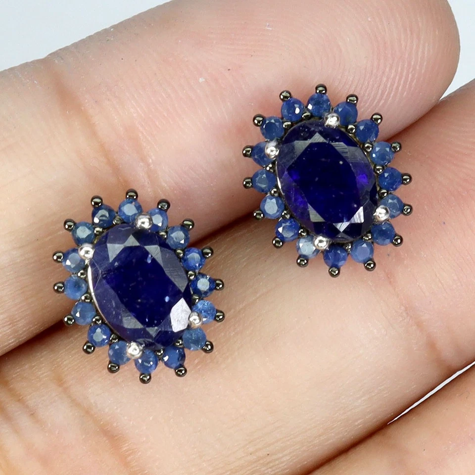 Orecchini In Argento 925 Con Zaffiro Blu Ovali 7x5mm Pietra Preziosa - Immagine 2 di 4