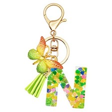 TTYY Initial Letter Keychains for Girls Women Pink Purple Green Heart Letter N