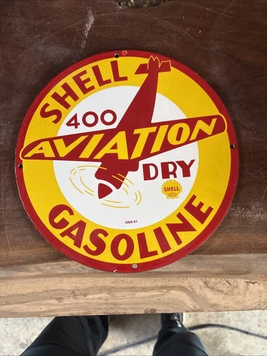 Vintage 1961 Shell Aviation Gasoline Porcelain Sign - Collectible Decor