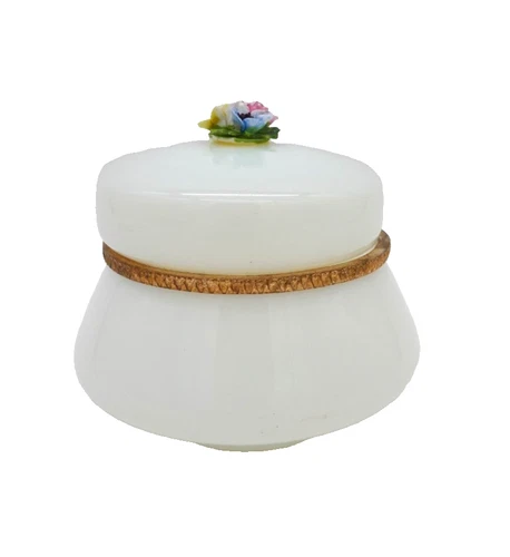 ITALIAN ART GLASS MURANO OPALINE GILDED  VANITY BOX TRINKET VINTAGE 1950s
