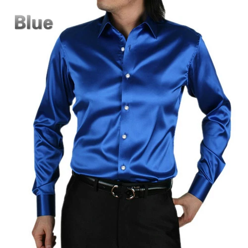 Camicia elegante uomo raso seta manica lunga slim business formale casual top classico - Foto 9 di 25