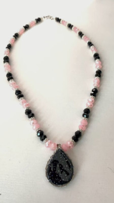 Enchanting Pink: Pink and black Beaded Necklace with Handcrafted Clay Pendant