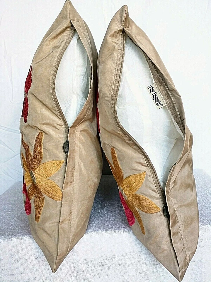 PIER 1 IMPORTS TAN RED GOLD FLORAL EMBROIDERED SQUARE THROW PILLOW 18 X 18 - Image 3 of 4