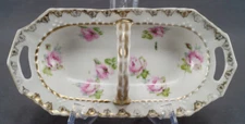 German Large Pink Roses & Gold Gilt Handled Porcelain Relish Dish C.1900-1930