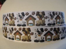 Grosgrain Ribbon Dogs Dog Houses Paw Prints Fur Babies Rescue Collars Tags 7/8"