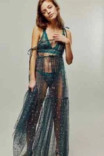 Free People FP One Estella Glitter Maxi Slip Dress Midnight Tiered Sheer New XS