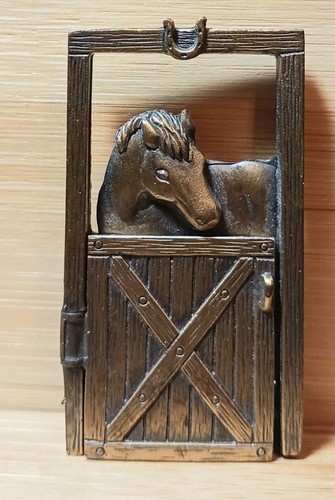 Bronze Vintage J J Horse With Foal Behind Stable Doors That Opens Brooch Signed