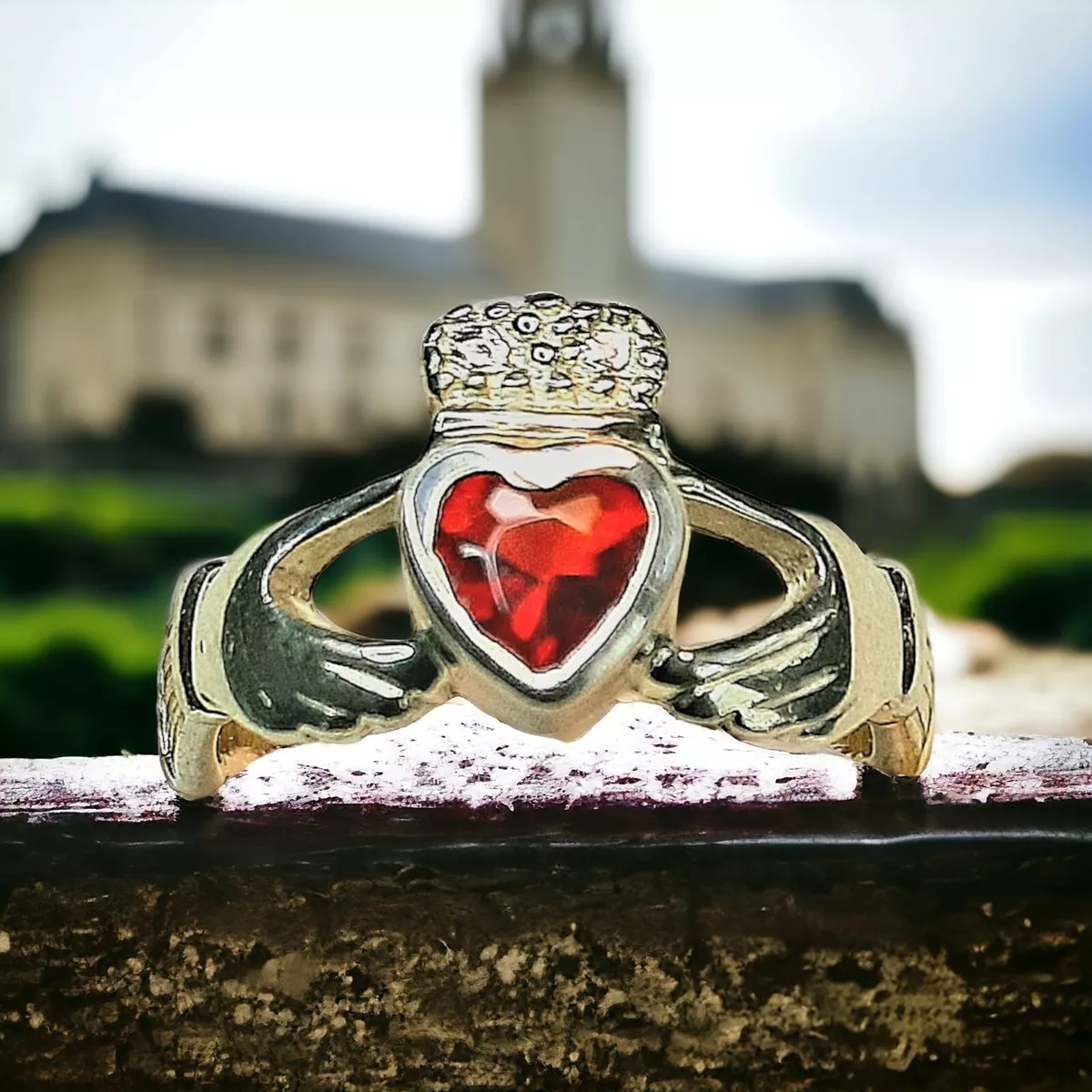 925 Silver Claddagh Heart Hands Crown w Ruby stone Ring Size 6