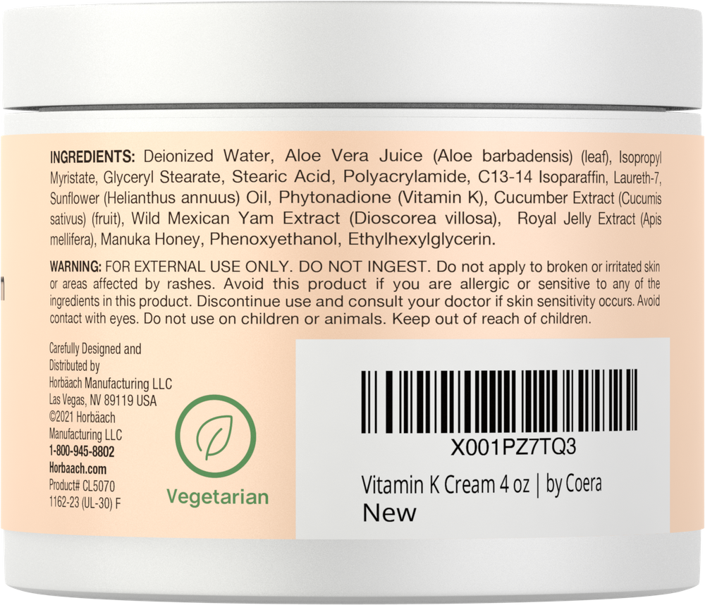 Horbaach Vitamin K Cream 4 Oz Premium Formula Moisturizer CL5070 for