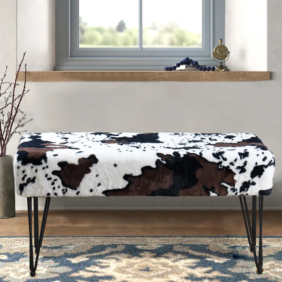Cow Print Vanity Stool Chair Soft Faux Fur Chair Makeup Stool with 4 Metal Legs - Image 2 of 4