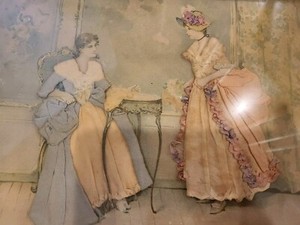 Antique 1890s ladies mixed media fabric shadow box print Paris Fashion READ