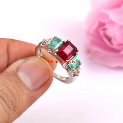 Heizbar Rubin & Künstlicher Smaragd Mit 925 Sterlingsilber Damen Ring #501 - Bild 1 von 4