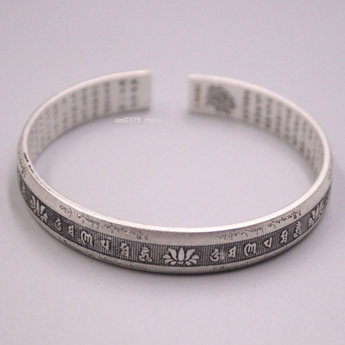 Brazalete de plata fina pura 999 para mujer Sutra seis palabras brazalete 2,36 pulgadas de diámetro - Imagen 6 de 7
